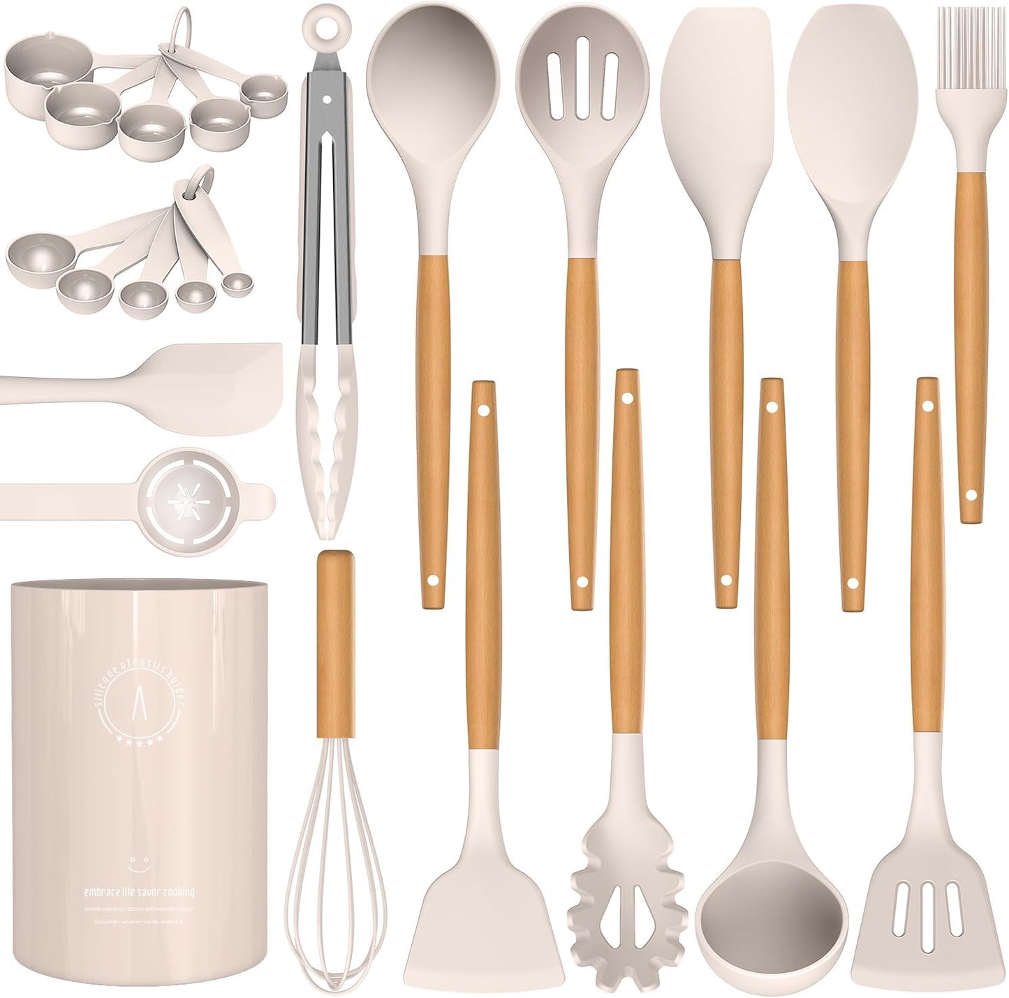 Silicone Cooking Utensils Set - Silicone Kitchen Utensils for Cooking Wooden Handles, 446°F Heat Resistant Kitchen Utensil Spatula Sets w Holder, Gadgets for Non-Stick Cookware BPA Free (Black)