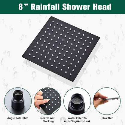 LCEVCGK Shower Faucet Set Complete Matte Black Shower System with 8 inch Square Rainfall Shower Head 3-Function Handheld Shower Waterfall Bathtub Spout Rain Shower Combo Set Bathroom Wall Mounted