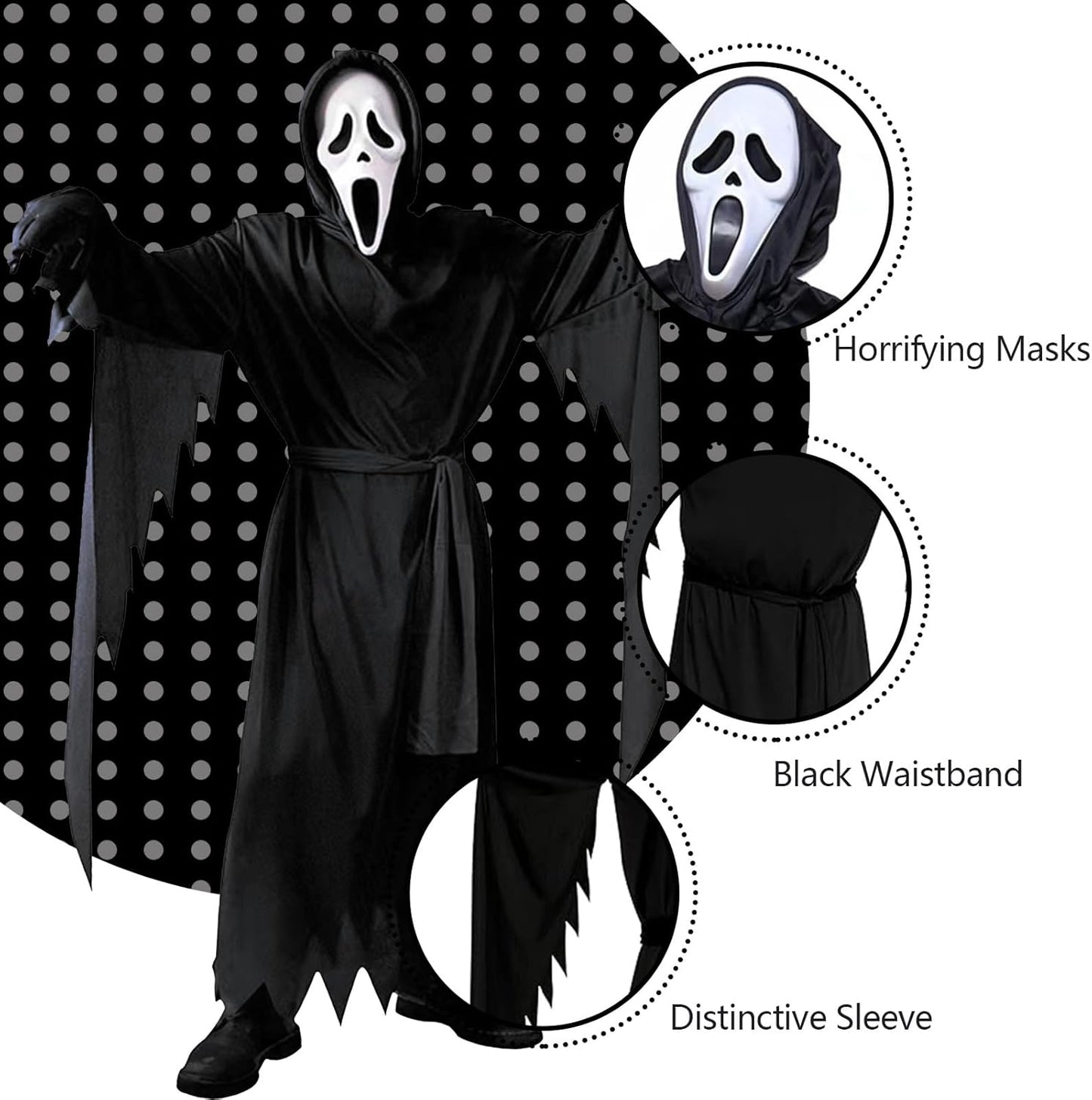 Mens Scary Scream Costume Black Robe with Scary Mask Halloween Cosplay Costume