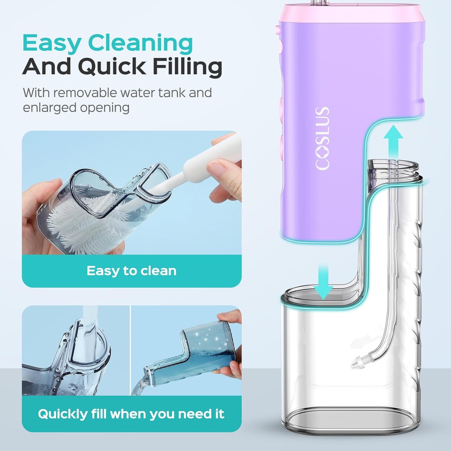 COSLUS Water Portable Flosser for Travel: Cordless Mini Flossers For Travel Quick Clean, 4 Modes & Removable Tank for Family, Nozzle Storage, Compact Design One The Go Use, IPX7 Waterproof, Pink