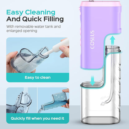 COSLUS Water Portable Flosser for Travel: Cordless Mini Flossers For Travel Quick Clean, 4 Modes & Removable Tank for Family, Nozzle Storage, Compact Design One The Go Use, IPX7 Waterproof, Pink