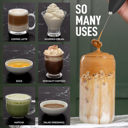 Zulay Kitchen Powerful Double Whisk Milk Frother Handheld - Foam Maker with Stand - Whisk Drink Mixer for Coffee, Mini Foamer for Latte, Matcha, Frappe, Hot Chocolate & Cappuccino (Black)