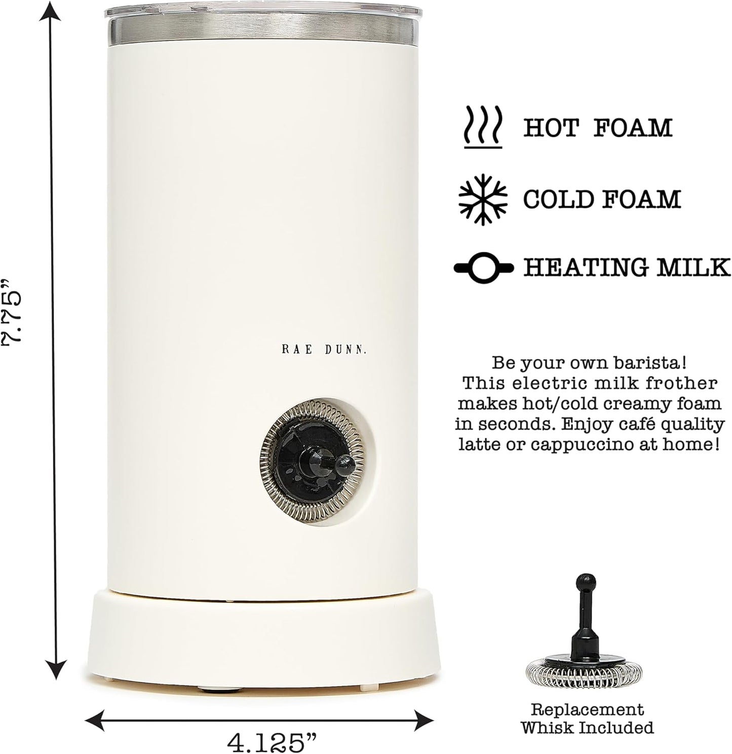 Rae Dunn - Electric Milk Frother - Elegant Automatic Milk Steamer and Frother, Milk Warmer, Hot and Cold Frothing Machine for Coffee, Latte, Cappuccino, Macchiato,