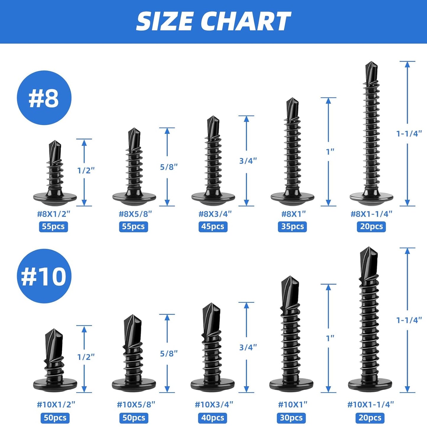 Besitu 400PCS Self Tapping Screws, 410 Stainless Steel Self Drilling Screws #8#10 Black Oxide Sheet Metal Screws, Length 1/2" to 1-1/4'', Truss Head Wood Screws Assortment for Metal, Plastic and RV
