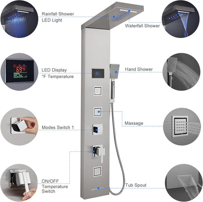 LED Shower Panel Tower System Black, MENATT 304 Stainless Steel 5-Function Shower Panel Rainfall Waterfall Shower Rain Massage System with Body Jets