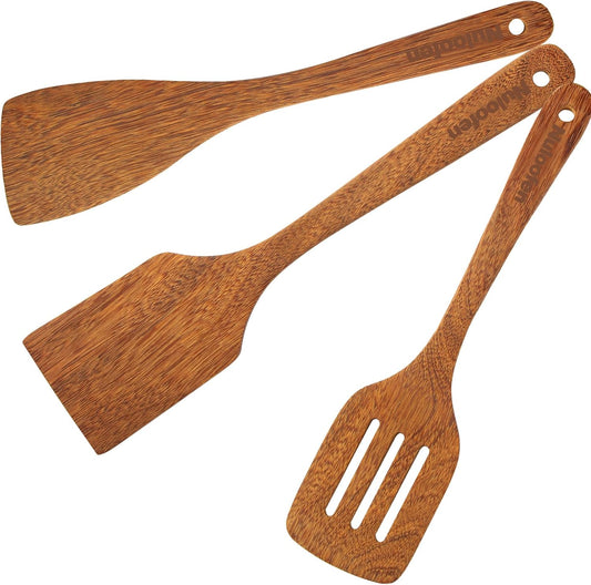 Wood Spatula for Cooking Wooden Kitchen Utensil Natural Wood Spatula Slotted Turner for Nonstick Pan Cookware 12 inch Frying Spatulas with Flat Bottom Edge Stirring Mixing and Flipping Turners