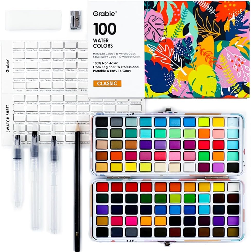Grabie 100 Color Watercolor Paint Set with Water Brush Pens | Water Brush Pens Included, Portable Carrying Case, High Pigment Paints, Smooth Blending, Travel Painting