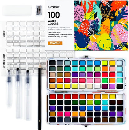 Grabie 100 Color Watercolor Paint Set with Water Brush Pens | Water Brush Pens Included, Portable Carrying Case, High Pigment Paints, Smooth Blending, Travel Painting