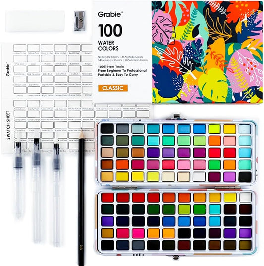Grabie 100 Color Watercolor Paint Set with Water Brush Pens | Water Brush Pens Included, Portable Carrying Case, High Pigment Paints, Smooth Blending, Travel Painting