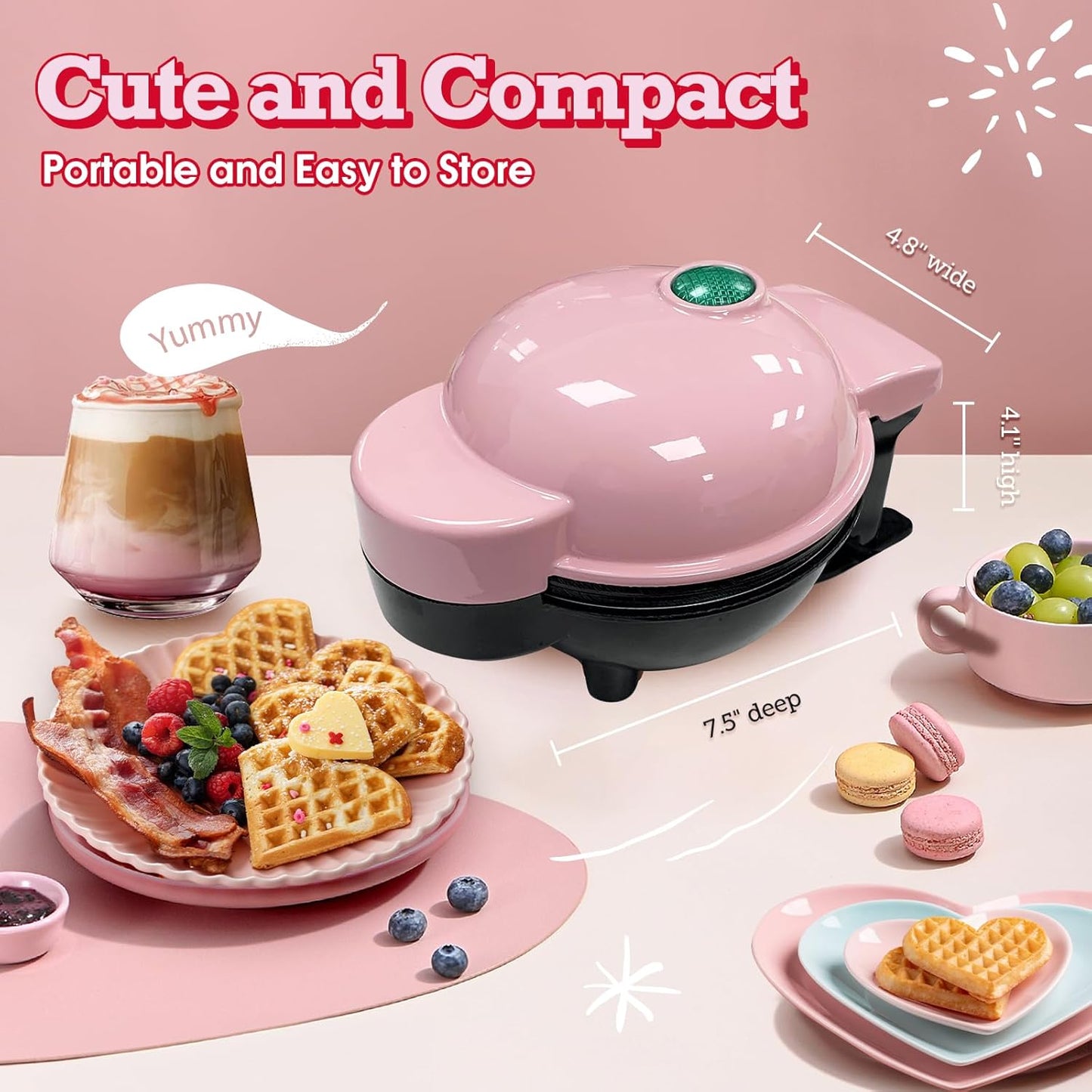 GVAKMM Mini Waffle Maker(Heart),Small Waffle Maker Keto,Mini Wafflera Iron for Kids Family and Individuals,4'' Non Stick Cooking Plates with Fast & Even Heating(Pink)