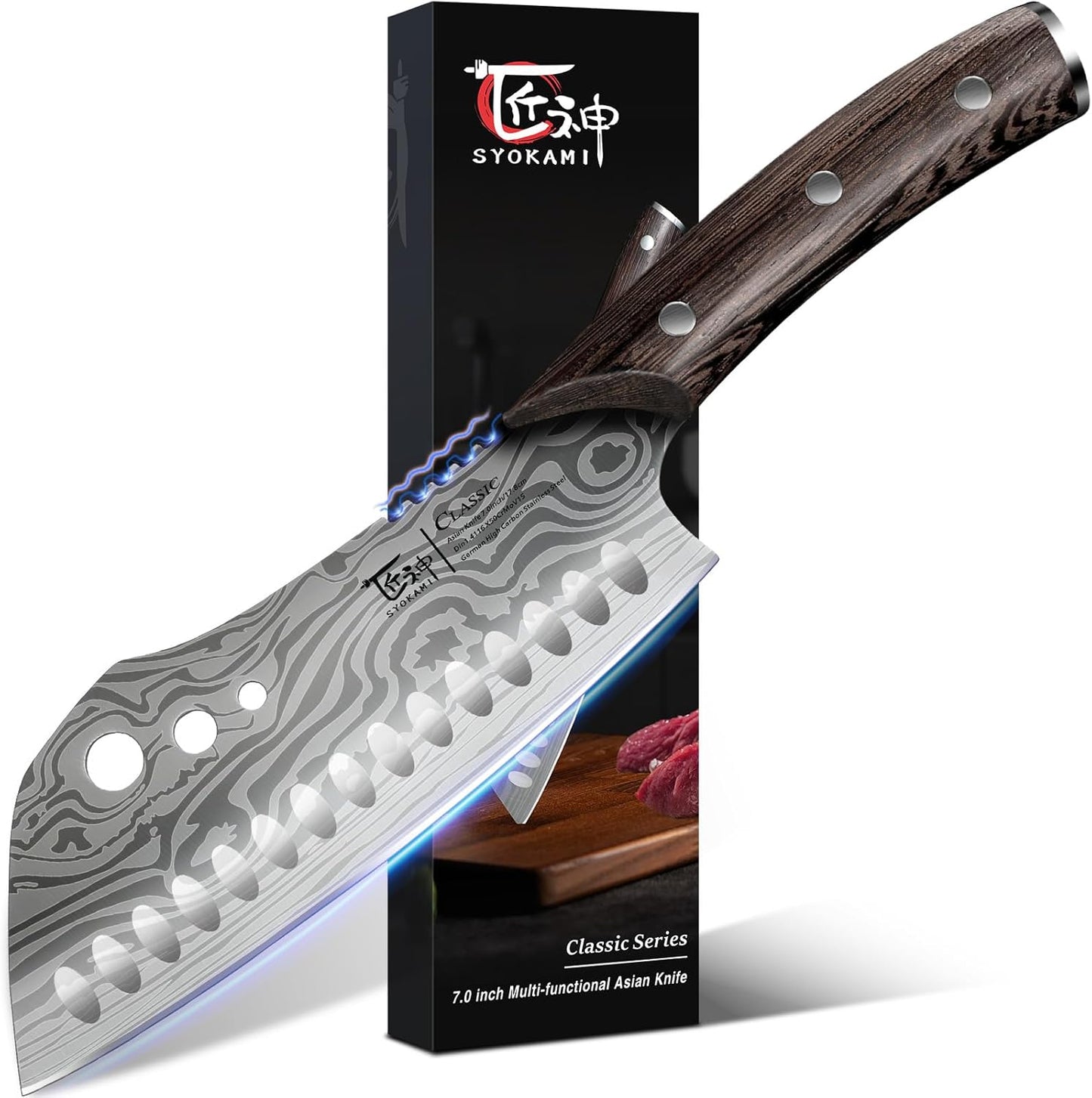 SYOKAMI Meat Cleaver Chef Knife, 7.7 Inch Multifunction Butcher Knife with Herb Stripper and Sheath, Chinese Cleaver Heavy Duty Bone Chopper, Meat Cutting, Damascus Pattern Full Tang Wood Handle