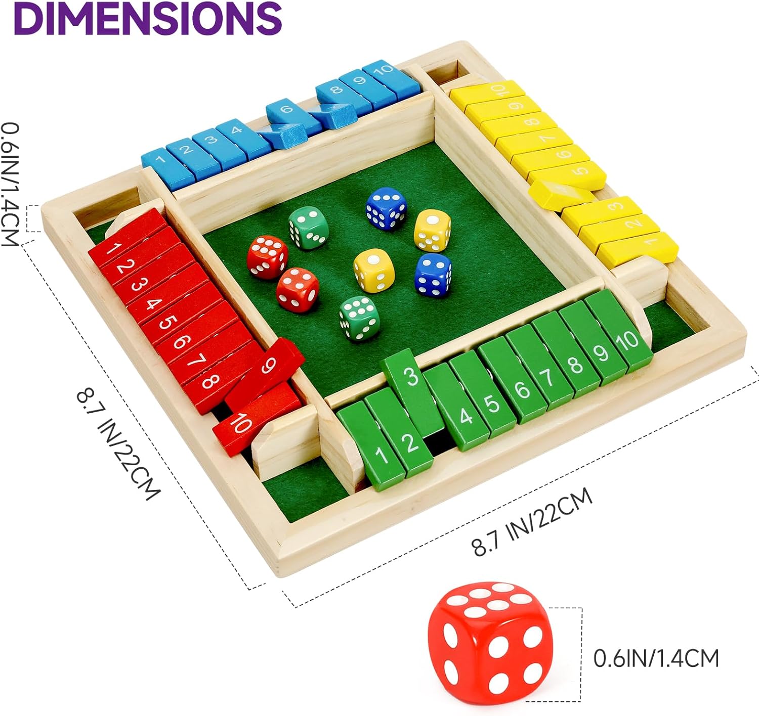 Shut The Box Dice Game for 1–4 Players, Traditional Wooden Math Board Game with 10 Number Tiles, Classic Tabletop Game for Family, Classroom, and Party Play - PuriLite