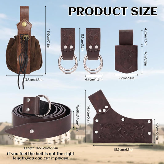 6 PCs Medieval Renaissance Sword Belt Set - Pirate Costume Accessories with Skirt Hike Viking Horn Sword Frog Dagger Holster - PuriLite