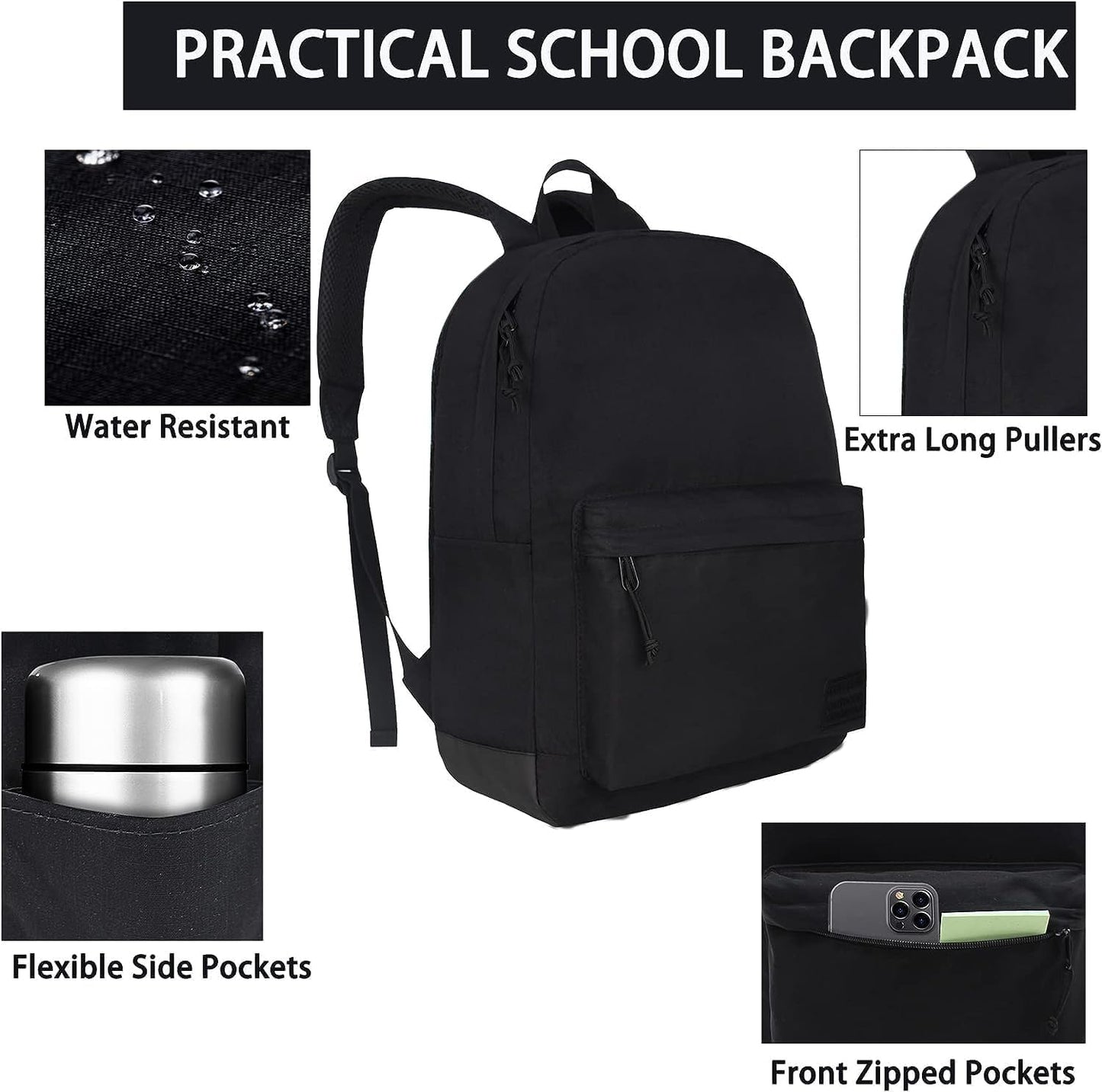 SUPACOOL Casual Laptop Backpack with USB Charging Port for Men and Women, School Bookbag for College, Lightweight Pack Back(Dark Black)