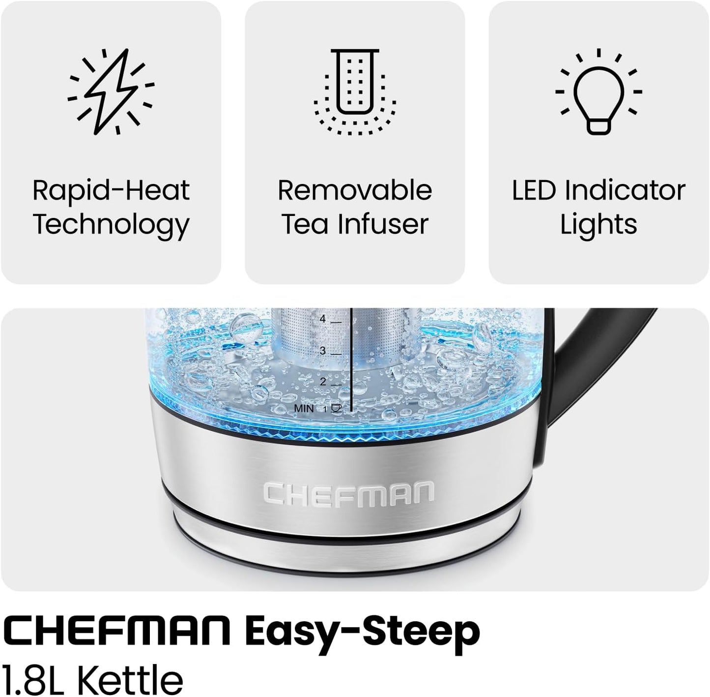Chefman Electric Kettle for Boiling Water, 1.8L 1500W, Removable Tea Infuser, Auto Shut Off, Boil-Dry Protection, BPA Free, Borosilicate Glass, Hot Water Boiler, Electric Tea Kettle - Stainless Steel