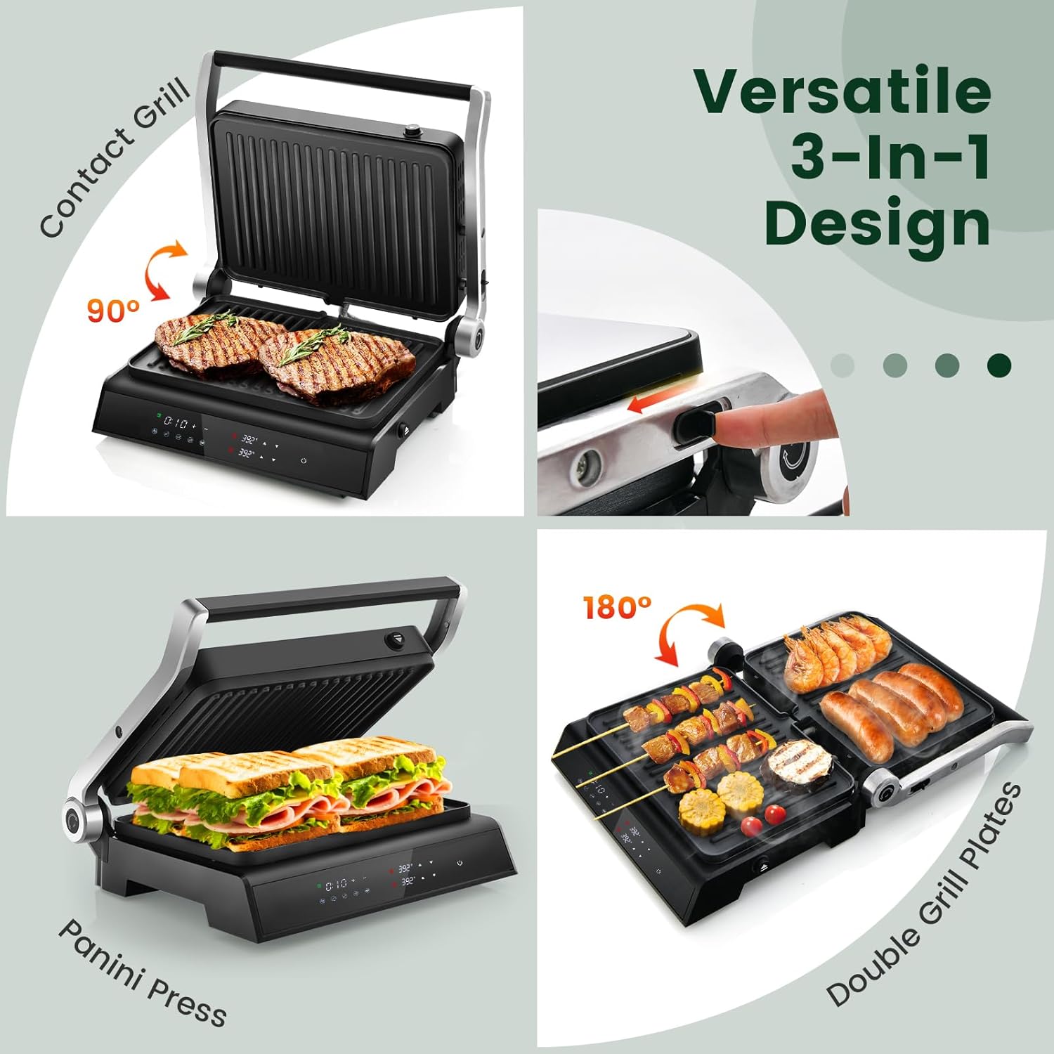 KOTEK 3-In-1 Sandwich Maker, 1200W Indoor Grill w/Floating Hinged Lid, Removable Drip Tray & Non-Stick Coated Plates, Open 180°, 4 Slice Panini Press Grill, 5 Auto Modes, Temperature Control & Timer - PuriLite