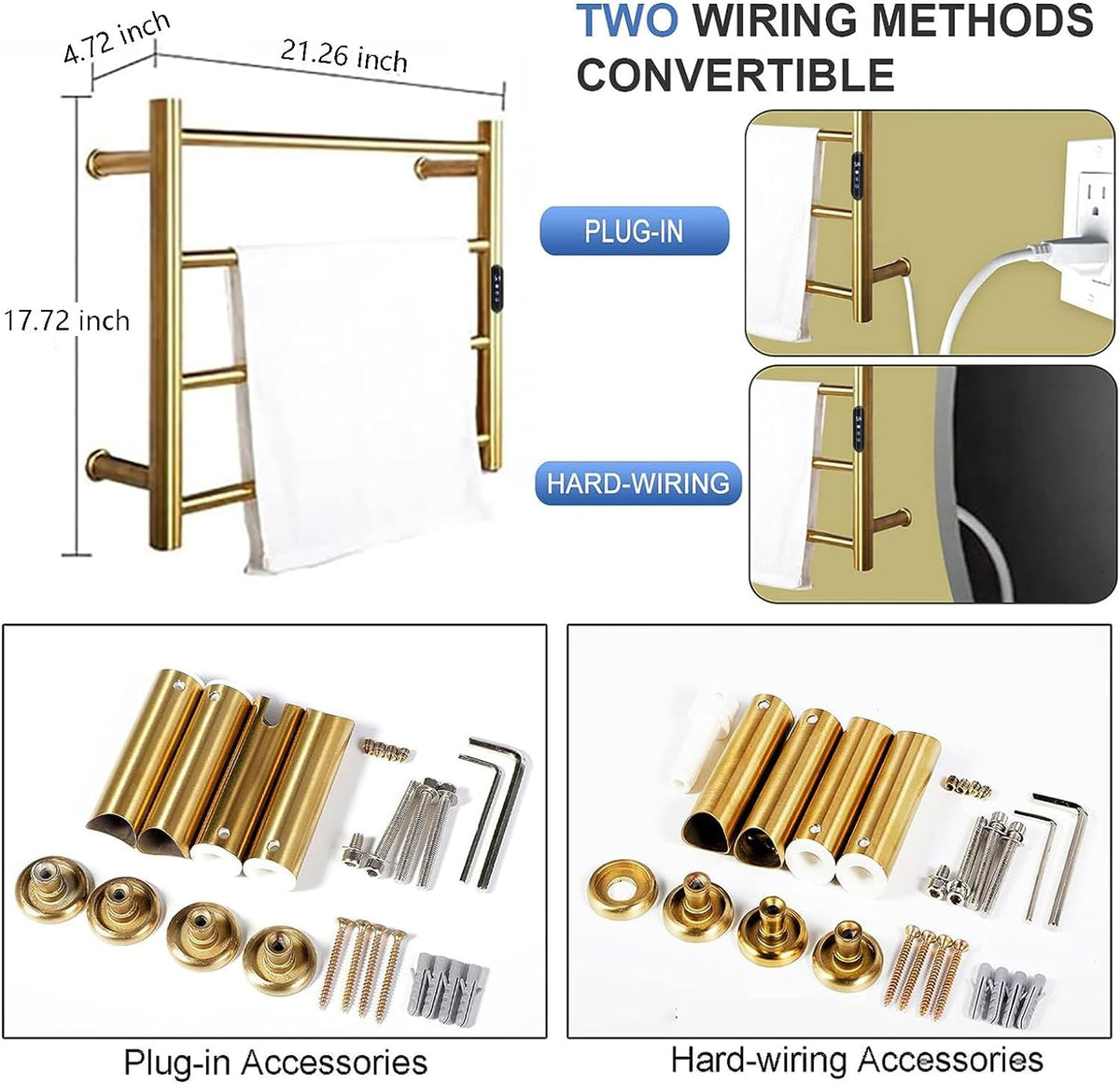 Heated Towel Rack Gold, 4 Bars Towel Warmer Rack for Bathroom Wall Mounted, Timer & Temperature Control Electric Towel Drying Rack (4 Bars Brushed Gold D, Hardwired)