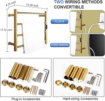 Heated Towel Rack Gold, 4 Bars Towel Warmer Rack for Bathroom Wall Mounted, Timer & Temperature Control Electric Towel Drying Rack (4 Bars Brushed Gold D, Hardwired)