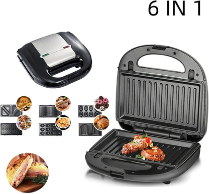 6 in 1 Mini Donut Maker, Double Sided Heating Waffle Maker Sandwich Maker Grill Maker Madeleines Maker Nut Cake Maker Non Stick Small Breakfast Machine with 10 Removable Plates
