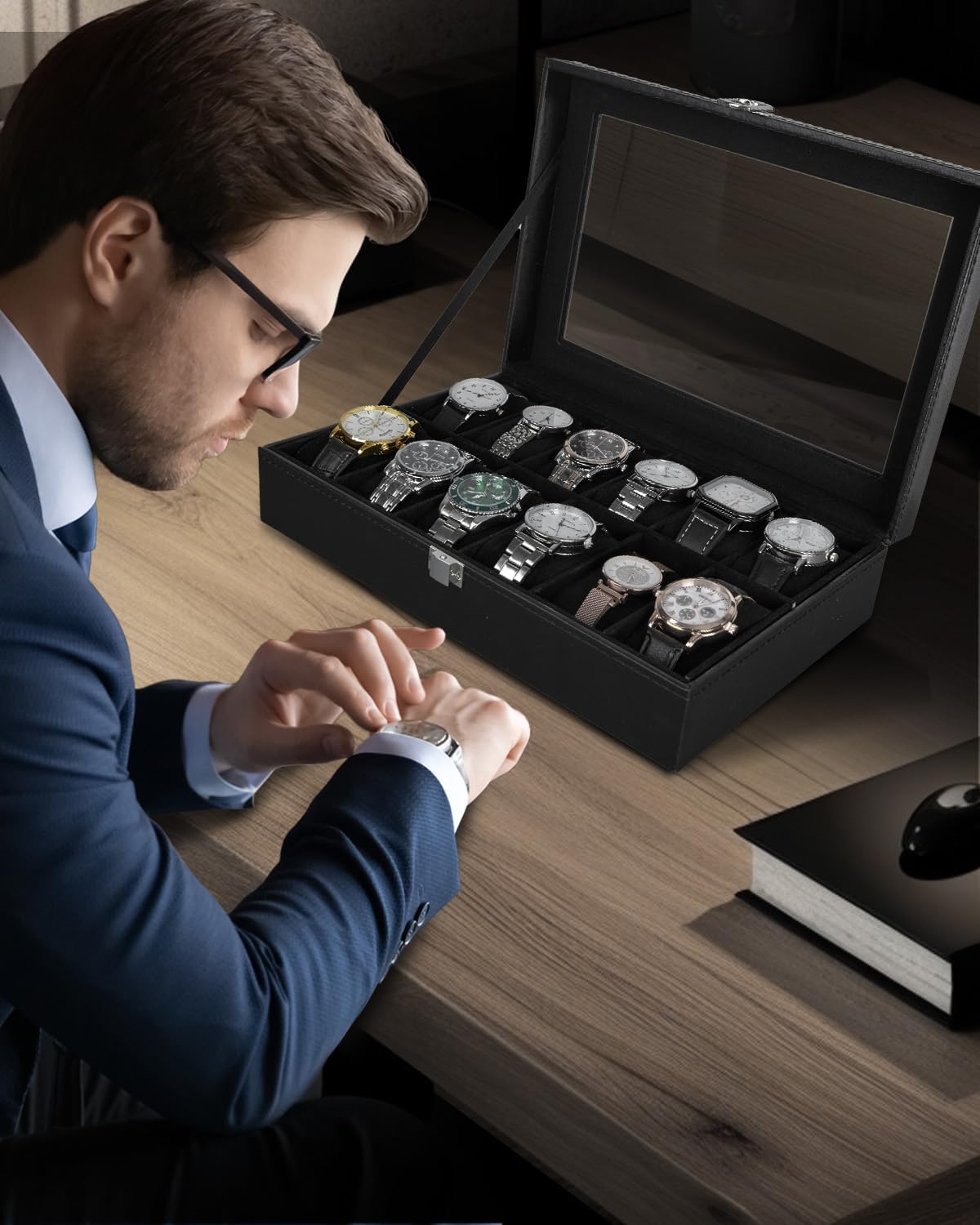 Ohuhu Watch Box Organizer for Men -12 Slot Leather Watch Case with Real Glass Lid Watch Display Case, Watch Organizer Jewelry Storage Box