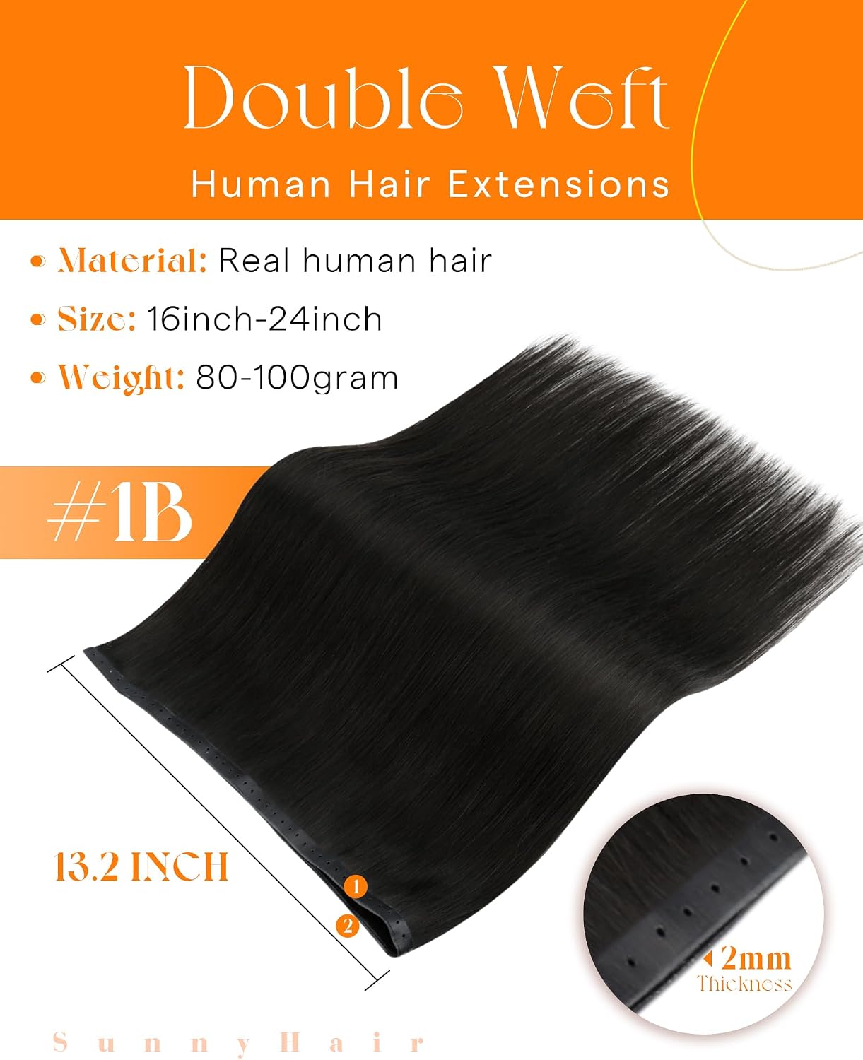 Sunny Hair PU Hole Weft Hair Extensions Black 24 Inch 100g for Daily Wear
