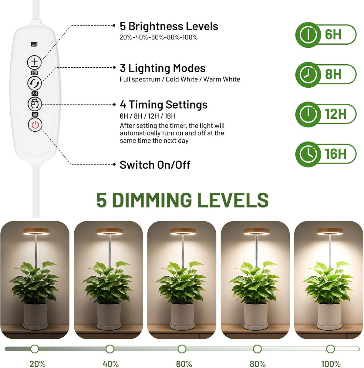 LBW Grow Light for Indoor Plants, Full Spectrum Plant Light with Base, Height Adjustable Plant Grow Lamp with Auto Timer 6/8/12/16H, 3 Colors,5 Dimmable Brightness, for Small Plants, Faux Bamboo Grain