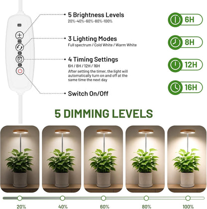 LBW Grow Light for Indoor Plants, Full Spectrum Plant Light with Base, Height Adjustable Plant Grow Lamp with Auto Timer 6/8/12/16H, 3 Colors,5 Dimmable Brightness, for Small Plants, Faux Bamboo Grain