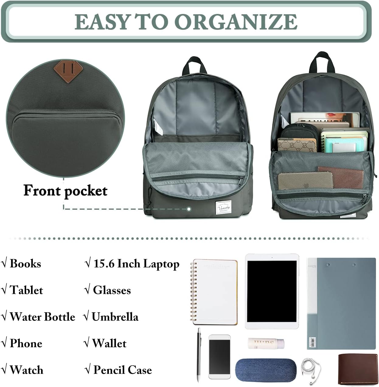 VASCHY Lightweight School Backpack for Women with Sleeve for 14" Laptop