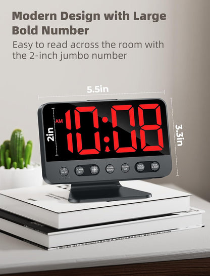 Odokee Digital Alarm Clocks for Bedrooms: Large Bold Number 5 Brightness Dimmer - Easy to Read Across The Room - 5 Alarm Sound 8 Night Light - Silver