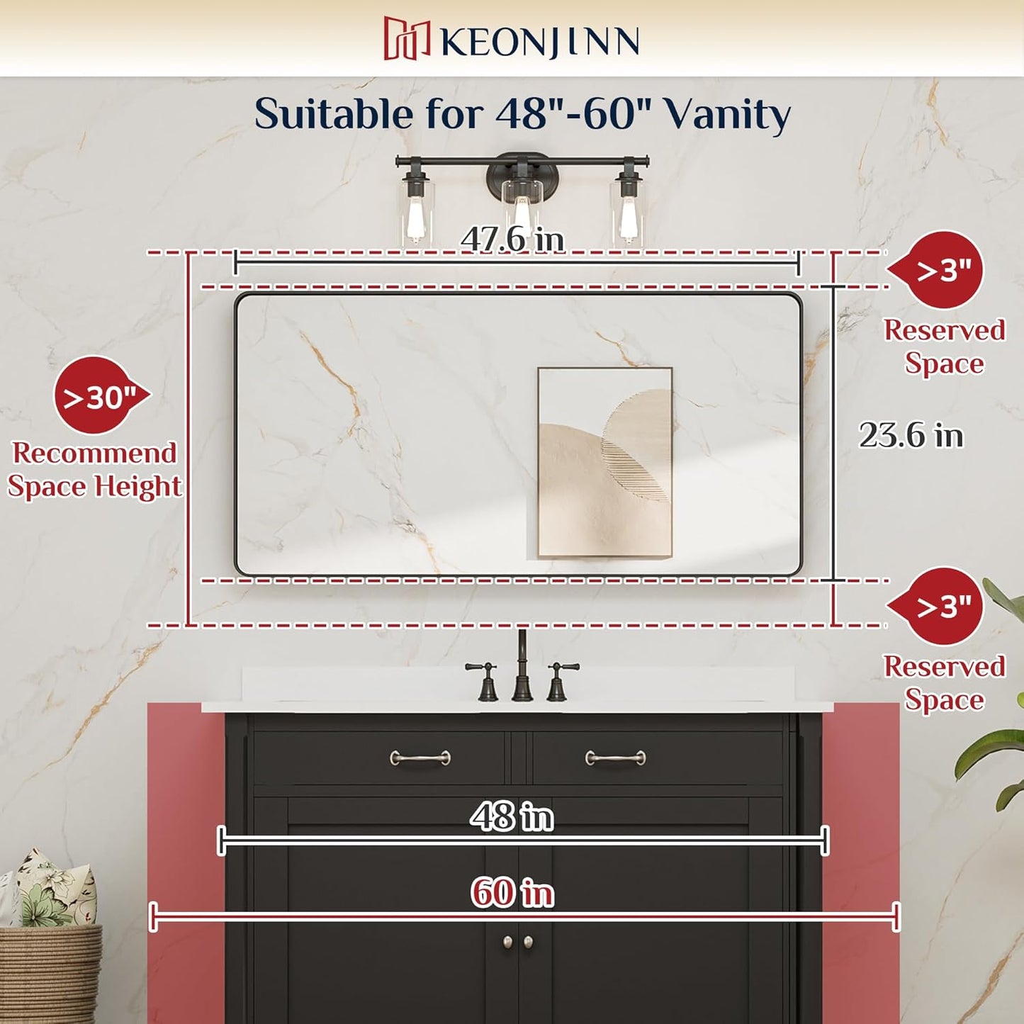 Keonjinn 42 x 36 Brushed Nickel Bathroom Vanity Mirror, Large Rounded Rectangle Bathroom Mirrors for over Sink, Metal Framed Silver Mirror for Wall, Shatterproof HD Tempered Glass(Horizontal/Vertical)