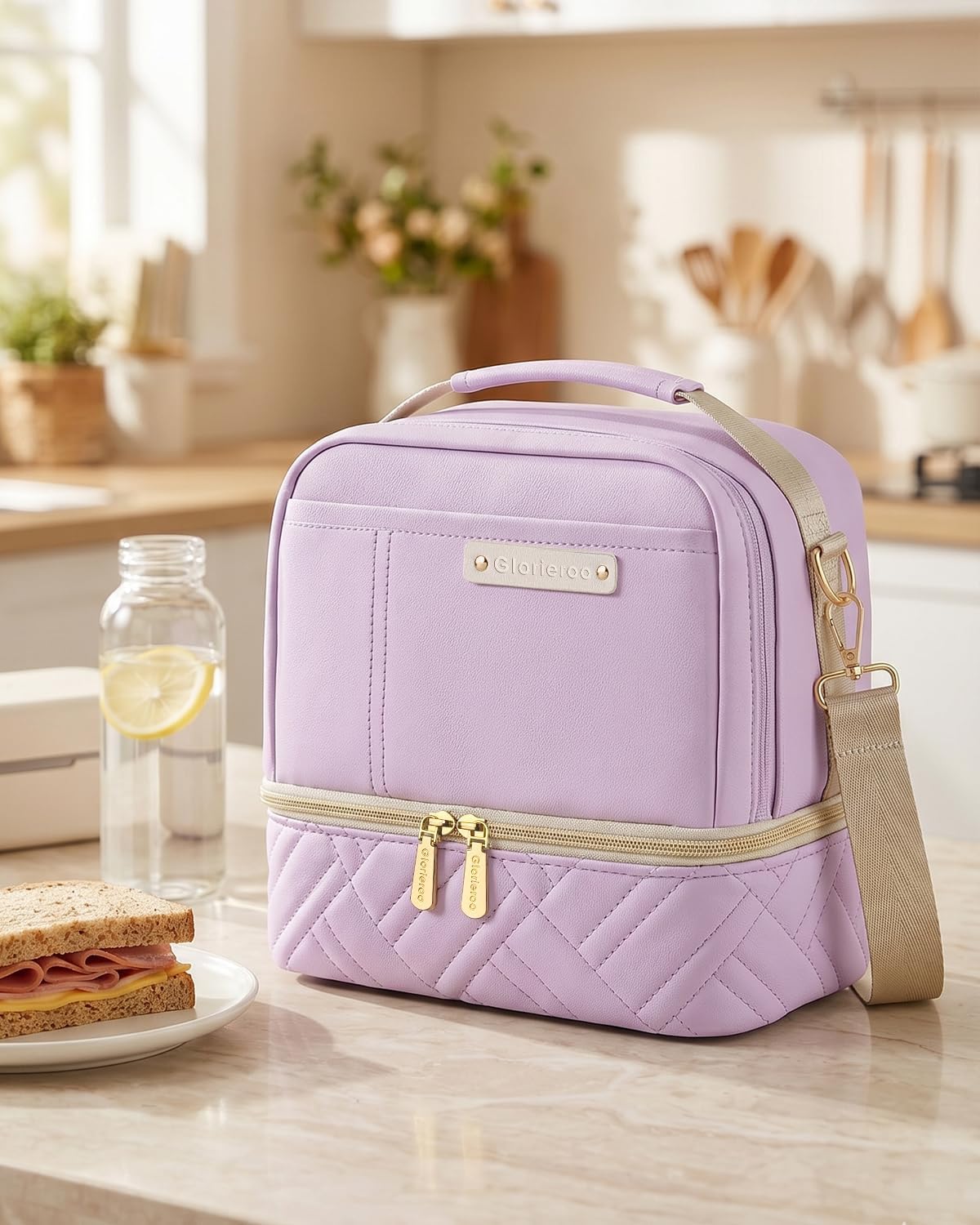 Lunch Box Bag Women Girls - Double Deck Vegan Leather Insulated Waterproof Leakproof Cooler for Work Travel Picnics - Back to School Teacher Mothers Day Christmas Birthday Gifts (Purple, Medium 10L)