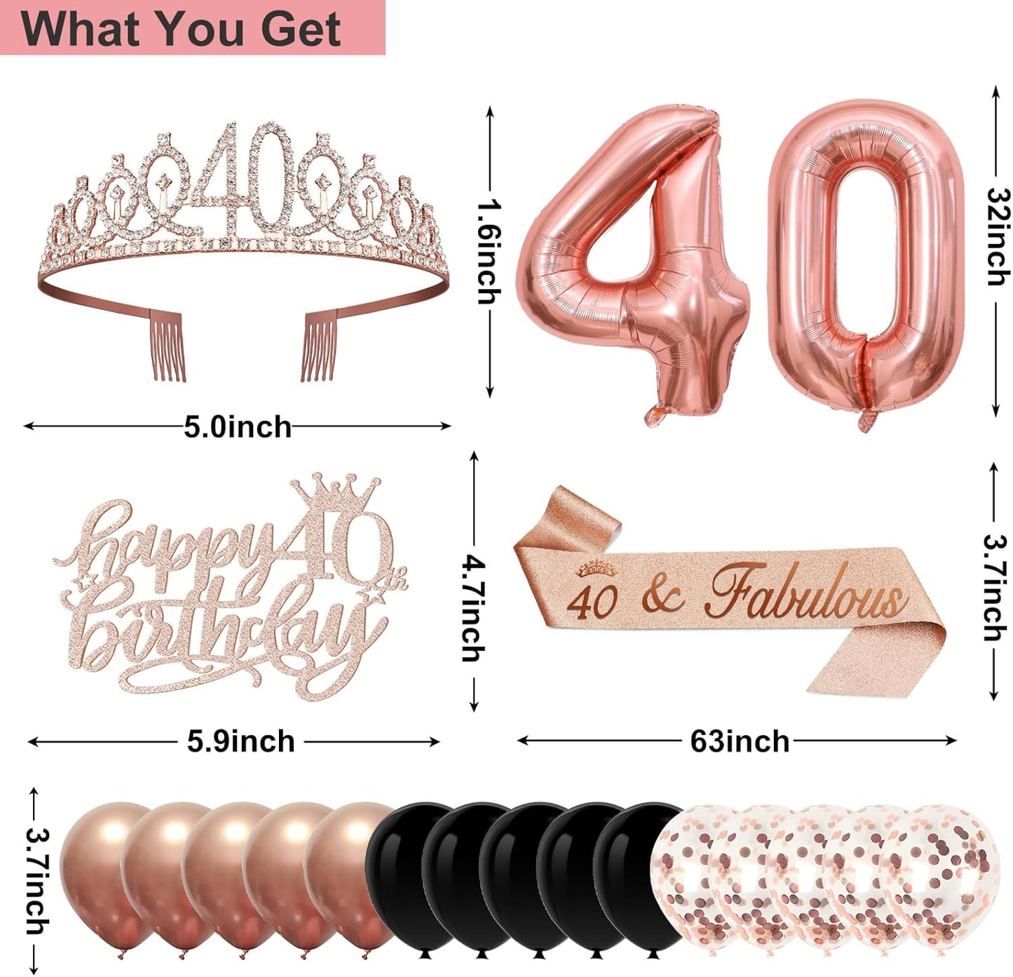 40th Birthday Decorations for Women,32pcs 40th Birthday Party Decorations,Including Backdrop, Crown,Sash,banner, Hanging Swirl,Cake Topper,balloons,Paper Fans,Anniversary Card and paper fans