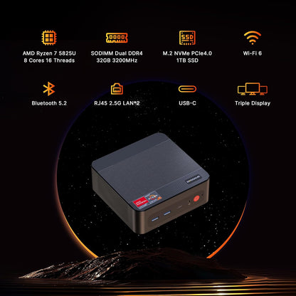 BOSGAME P4 Plus Mini PC Desktop Computers, AMD Ryzen 7 5825U (up to 4.5GHz), 32GB DDR4, 1TB PCIe SSD, Dual LAN 2.5G & Wi-Fi 6E & BT5.2, 4K Triple Display, Compact Silent PC for Gaming, Office, Design