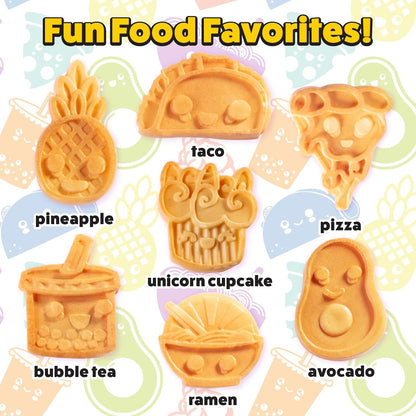 Kawaii Fun Snacks Mini Waffle Maker - 7 Different Food Emoji Designs Featuring an Avocado, Pizza, Ramen, Taco & More - The Cool Electric Waffler Gift for Amazing Kid's Breakfasts and Holiday Gifts
