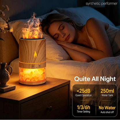 5-in-1 Flame Himalayan Salt Lamp Ultrasonic Essential Oil Diffuser, Cool Mist Humidifier, 1H/3H/6H Timer, Auto Shut-Off, Quiet Aromatherapy, 100% Pure Salt Crystals, 250ml (Wood)