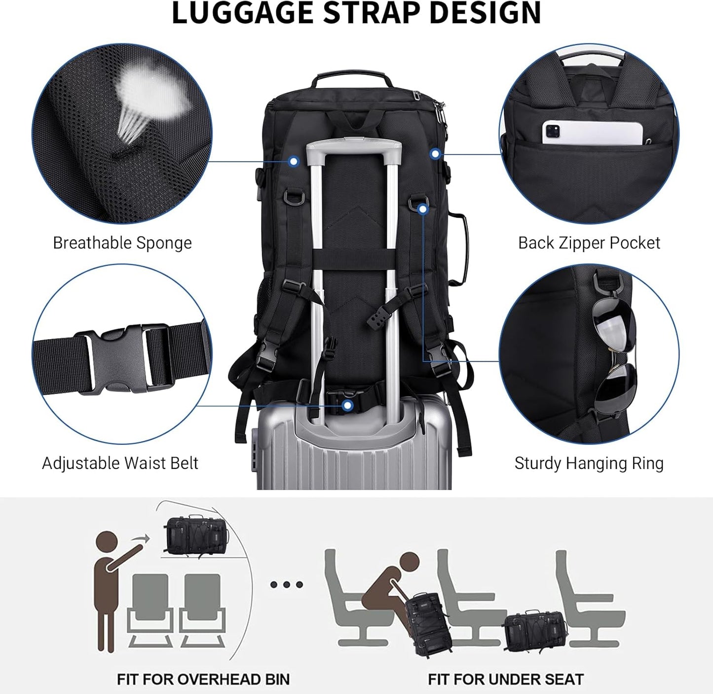 WITZMAN Travel Backpack for Men Large Carry on Backpack Convertible 3 in 1 Bags with Shoe Compartment Fit 17 Inch Laptop(B689 Black)