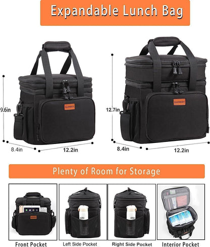 Expandable Large Lunch Bag, Double Deck Insulated Lunch Box Leakproof Durable Soft Cooler Bag for Men Women Adults Work Construction Beach Picnic Daytrip,16L,Black, GLENKEY