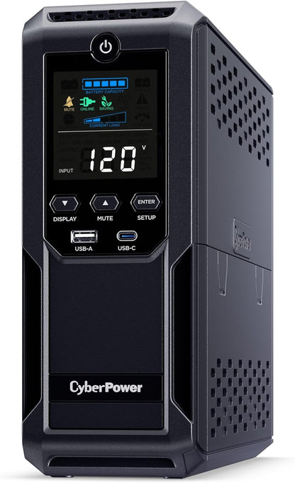 CyberPower CP1500AVRLCD3 Intelligent LCD UPS System, 1500VA/900W, 12 Outlets, 2 USB Ports, AVR, Mini Tower, Black