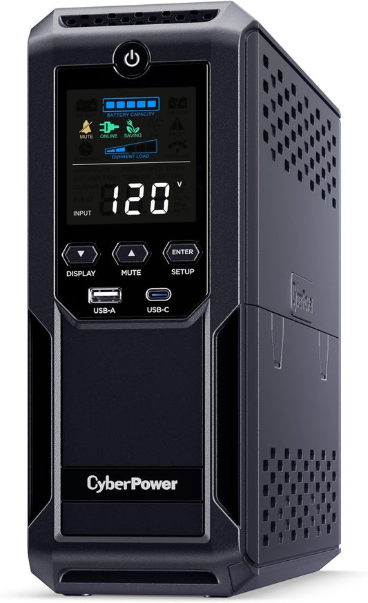 CyberPower CP1500AVRLCD3 Intelligent LCD UPS System, 1500VA/900W, 12 Outlets, 2 USB Ports, AVR, Mini Tower, Black - PuriLite