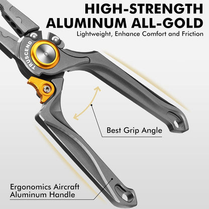 TRUSCEND Lockable Handy Fishing Pliers with Innovative Ergonomic Handle, Saltwater Corrosion Resistant Teflon Coated Fishing Tool, Multi-Function Fishing Gear with Mo-V Cutter, Amazing Fishing Gift