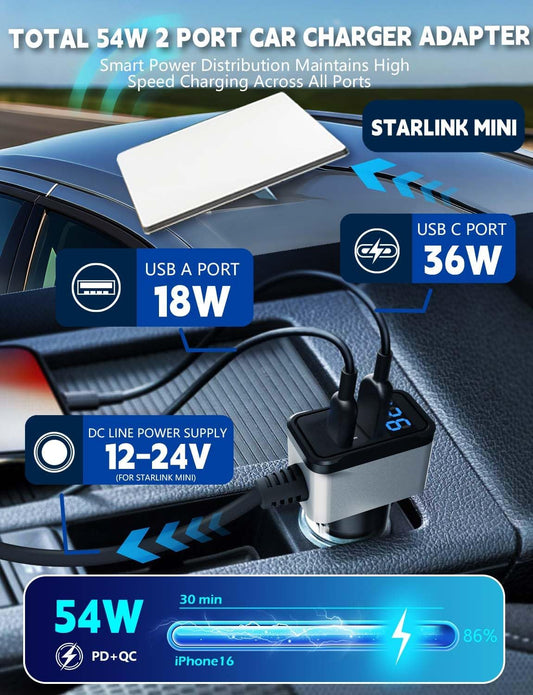 Starlink Mini Car Adapter (118.11IN/10FT), Starlink Mini DC Power Cable Car Charger, 12V-24V Cigarette Lighter Adapter with Digital Display, USB C 36W and USB A 18W Ports for Trucks and Cars