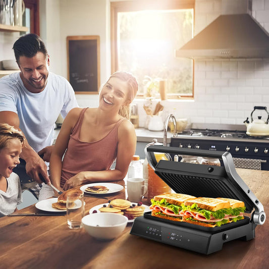 KOTEK 3-In-1 Sandwich Maker, 1200W Indoor Grill w/Floating Hinged Lid, Removable Drip Tray & Non-Stick Coated Plates, Open 180°, 4 Slice Panini Press Grill, 5 Auto Modes, Temperature Control & Timer - PuriLite