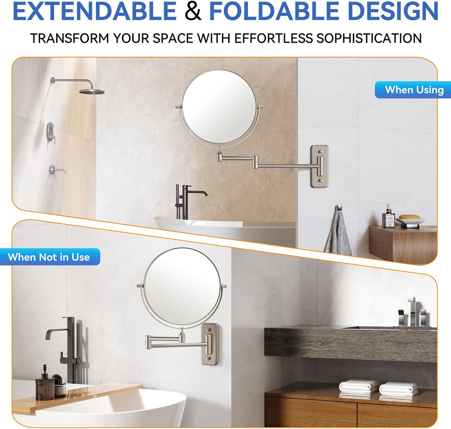 Auxmir Miroir de maquillage mural 30X/1X, miroir grossissant double face de 20,3 cm avec pince à épiler, miroir de maquillage de salle de bain, miroir cosmétique avec bras extensible pivotant à 360°, nickel