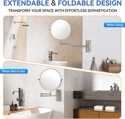 Auxmir Miroir de maquillage mural 30X/1X, miroir grossissant double face de 20,3 cm avec pince à épiler, miroir de maquillage de salle de bain, miroir cosmétique avec bras extensible pivotant à 360°, nickel