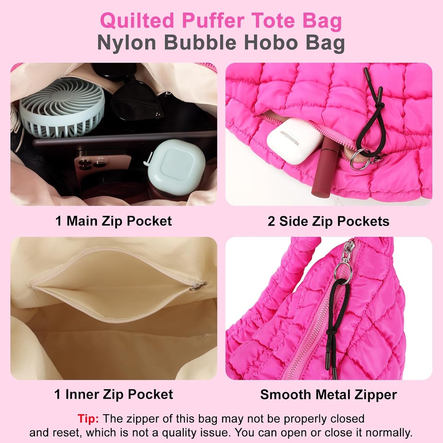 Quilted Puffer Tote Bag Large Crossbody Shoulder Bag with Zipper, Nylon Hobo Oversized Handbag