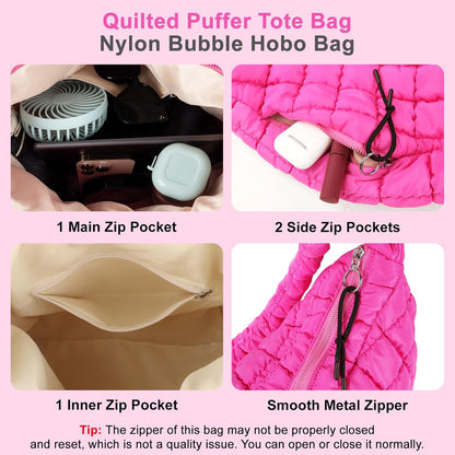 Quilted Puffer Tote Bag Large Crossbody Shoulder Bag with Zipper, Nylon Hobo Oversized Handbag
