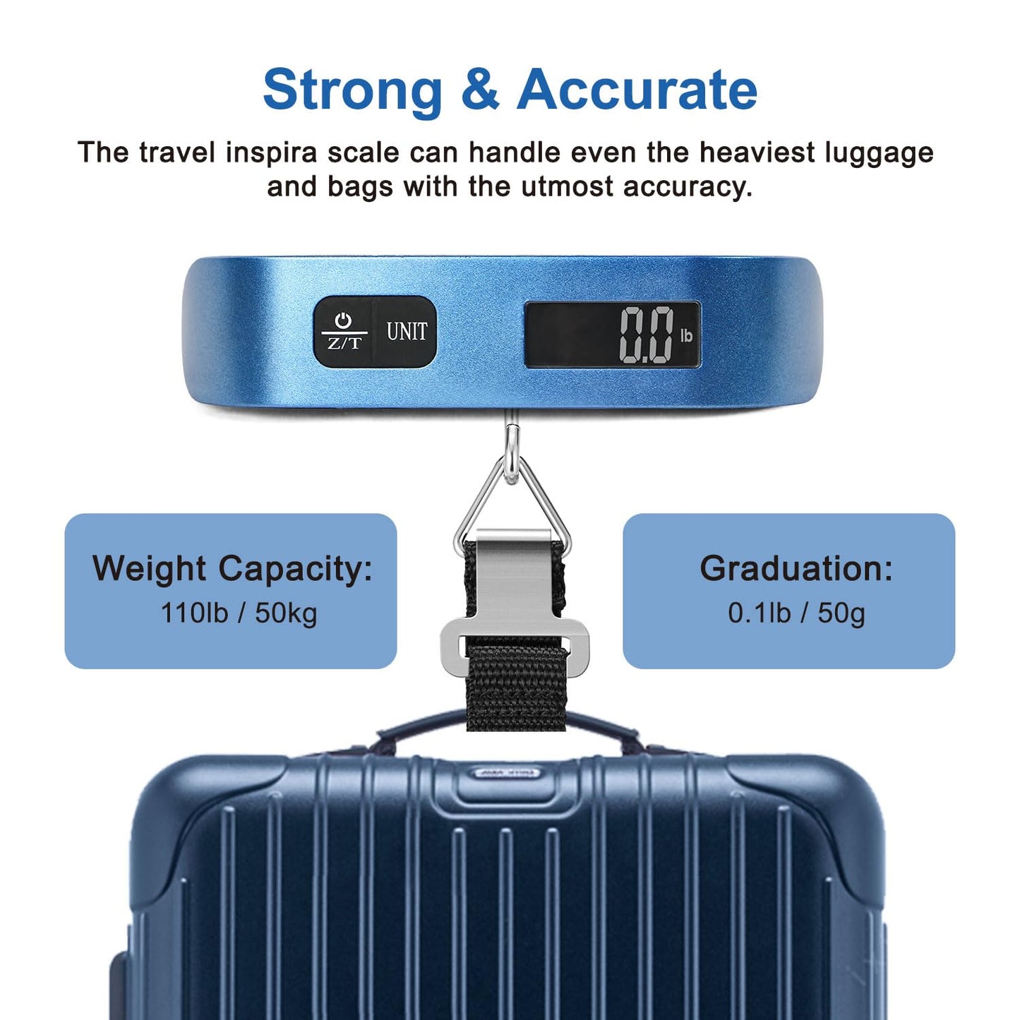 travel inspira Luggage Scale, Portable Digital Hanging Baggage Scale for Travel, Suitcase Weight Scale with Rubber Paint, 110 Pounds, Battery Included - Blue