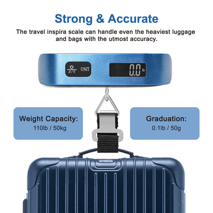 travel inspira Luggage Scale, Portable Digital Hanging Baggage Scale for Travel, Suitcase Weight Scale with Rubber Paint, 110 Pounds, Battery Included - Blue