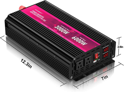 3000W Power Inverter,12V DC to AC 110V120V Peak Power 6000W with 2AC Outlets and 2.4USB Port,LCD Display Car Inverter for Outdoor Activities,Emergency