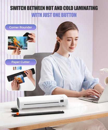 9 Inch Laminator Machine with Never Jam Technology, 40 Laminating Sheets, 4-in-1 A4 Thermal Laminator with Trimmer and Corner Rounder for Office, School, Business and Home Use - White